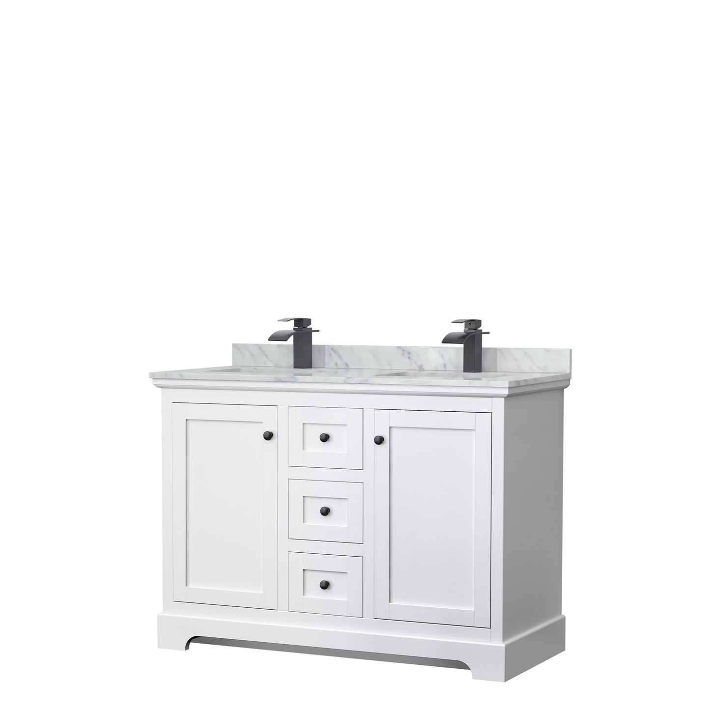 Avery 48 Inch Double Bathroom Vanity in White, White Carrara Marble Countertop, Undermount Square Sinks, Matte Black Trim