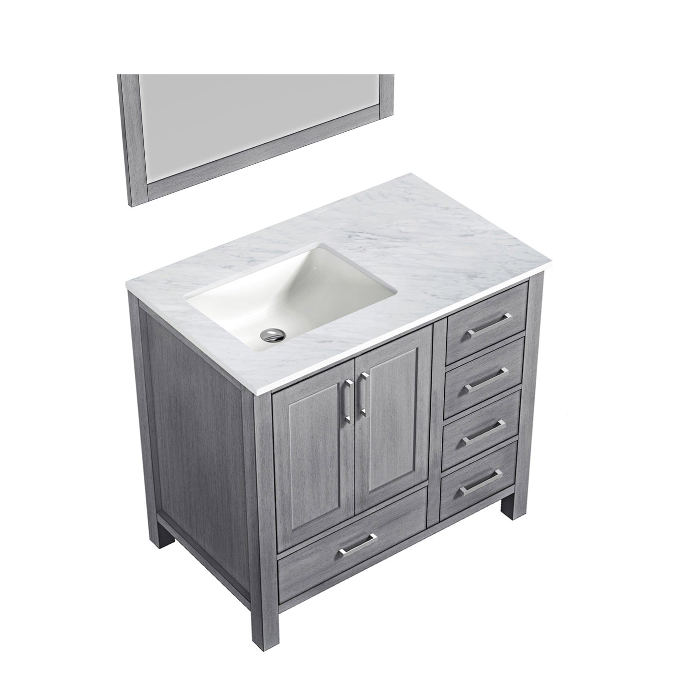 Jacques 36" Distressed Grey Single Vanity, White Carrara Marble Top, White Square Sink and 34" Mirror - Left Version