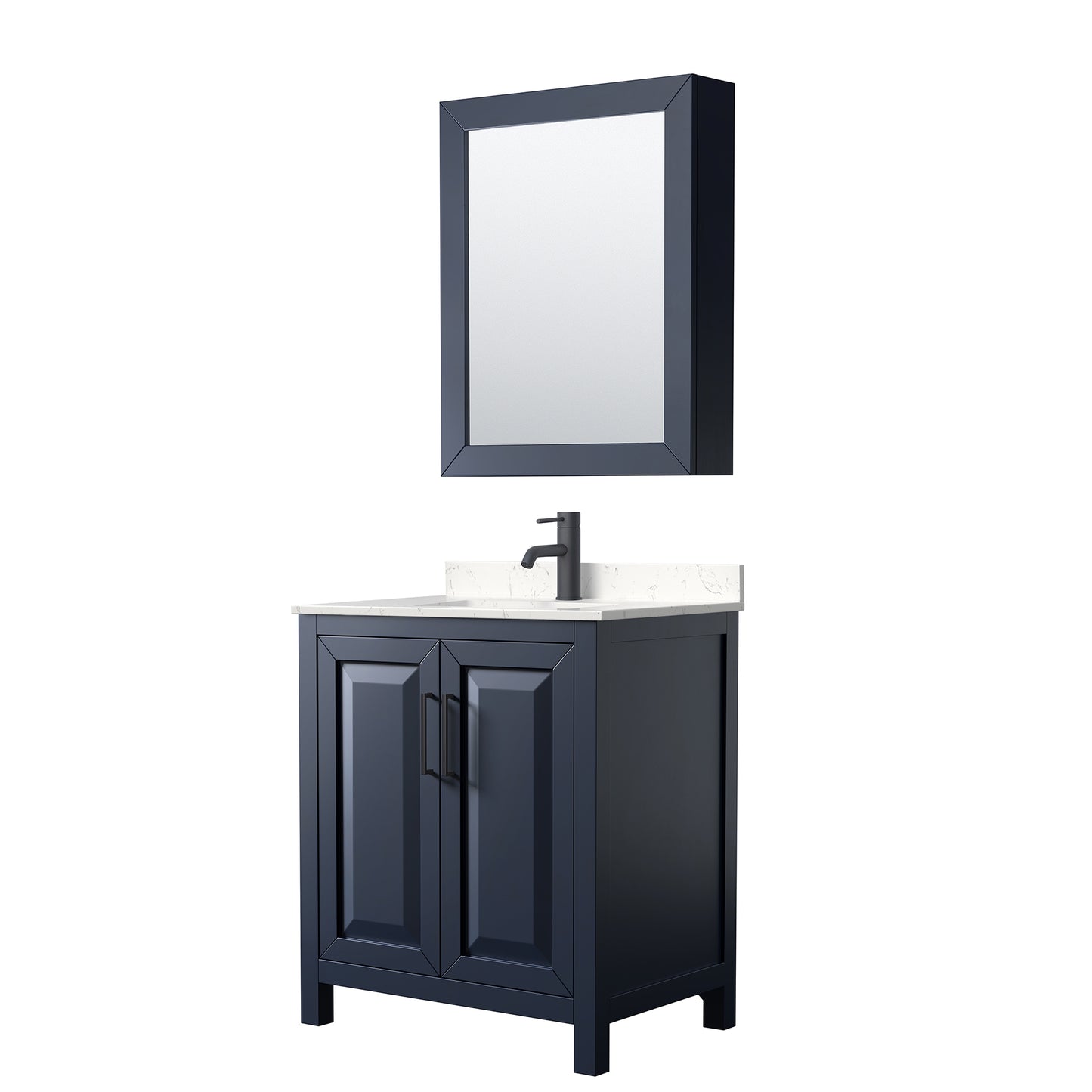 Daria 30 Inch Single Bathroom Vanity in Dark Blue, Carrara Cultured Marble Countertop, Undermount Square Sink, Matte Black Trim, Medicine Cabinet