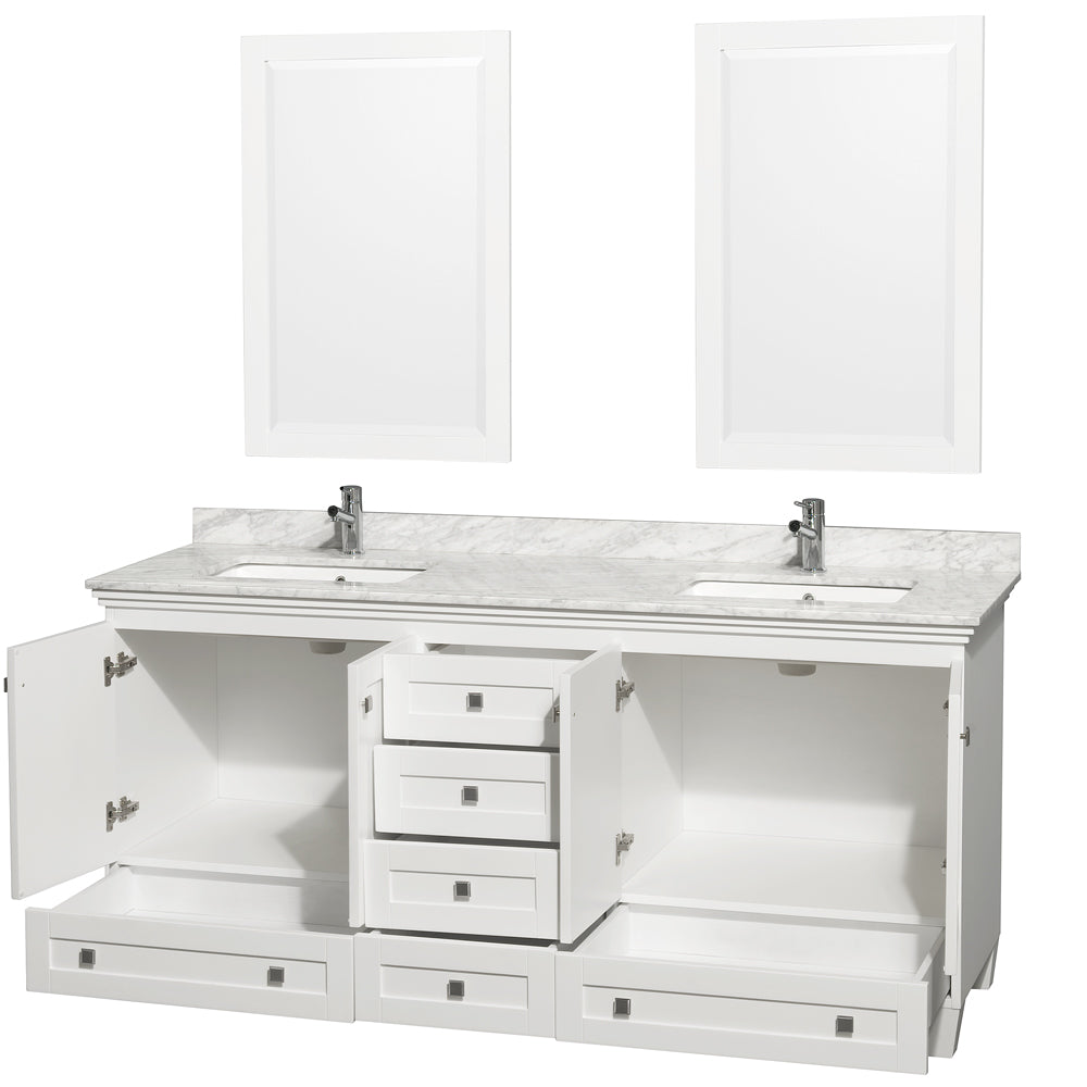 Acclaim 72 Inch Double Bathroom Vanity in White, White Carrara Marble Countertop, Undermount Square Sinks, and 24 Inch Mirrors