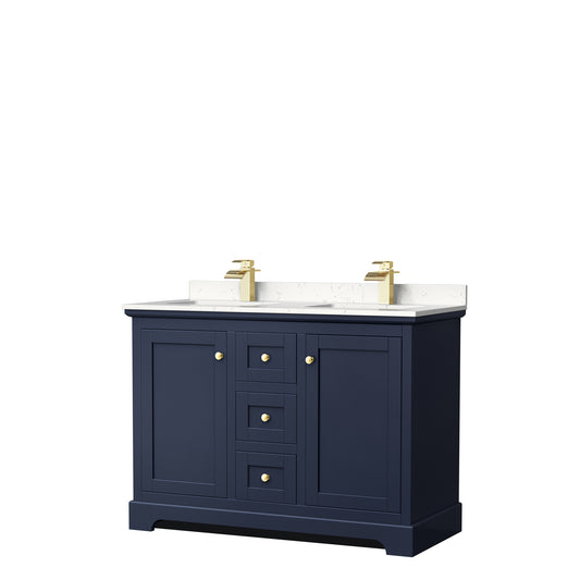 Avery 48 Inch Double Bathroom Vanity in Dark Blue, Carrara Cultured Marble Countertop, Undermount Square Sinks, No Mirror