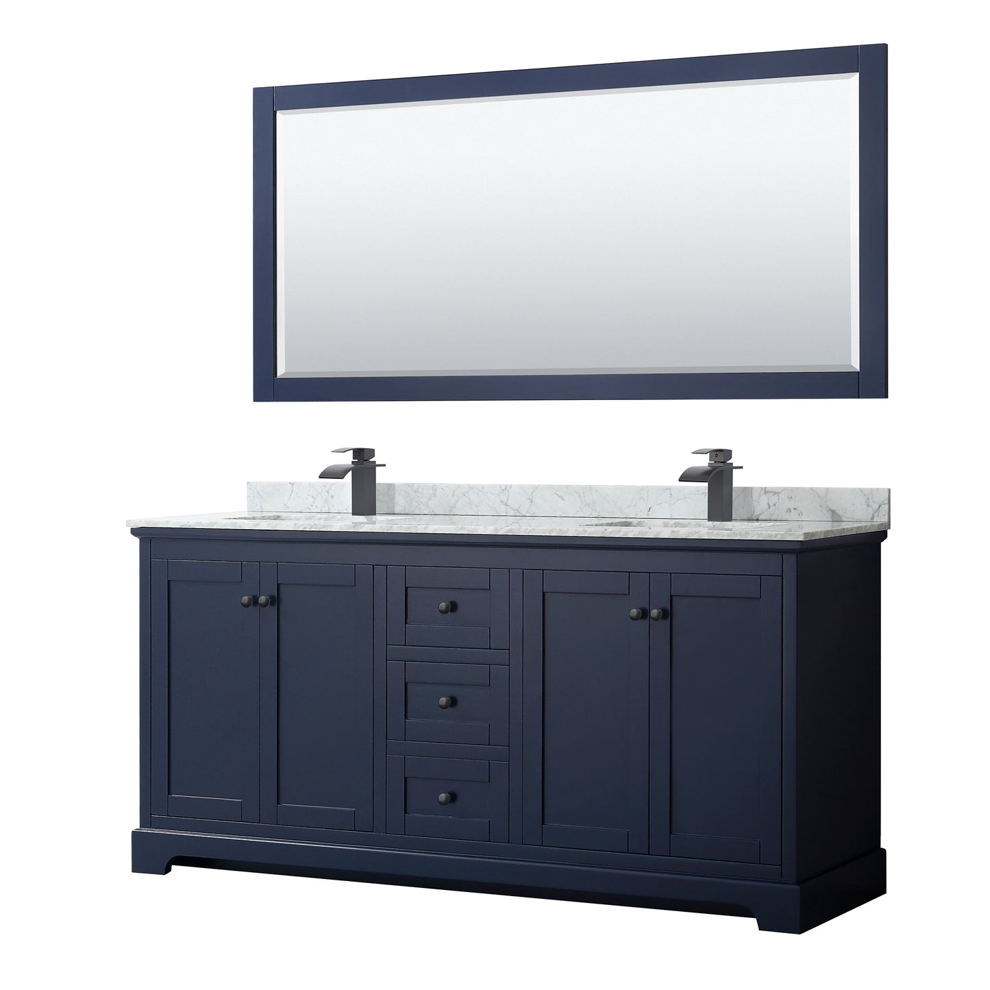 Avery 72 Inch Double Bathroom Vanity in Dark Blue, White Carrara Marble Countertop, Undermount Square Sinks, Matte Black Trim, 70 Inch Mirror