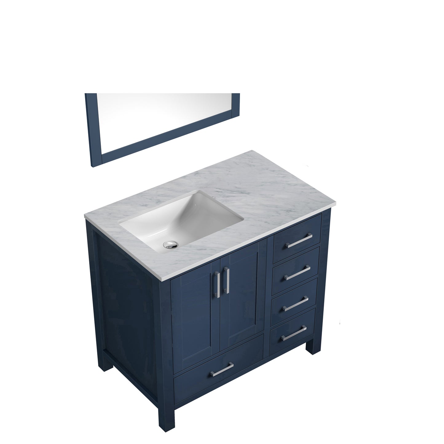 Jacques 36" Navy Blue Single Vanity, White Carrara Marble Top, White Square Sink and 34" Mirror - Left Version