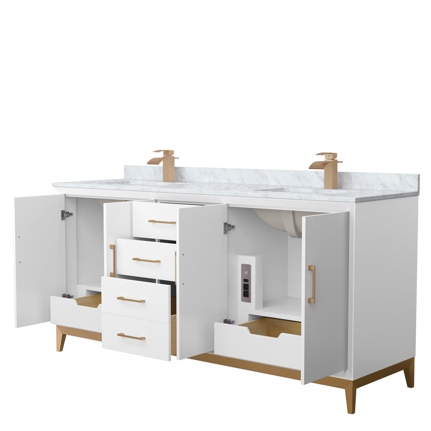 Amici 72 Inch Double Bathroom Vanity in White, White Carrara Marble Countertop, Undermount Square Sinks, Satin Bronze Trim