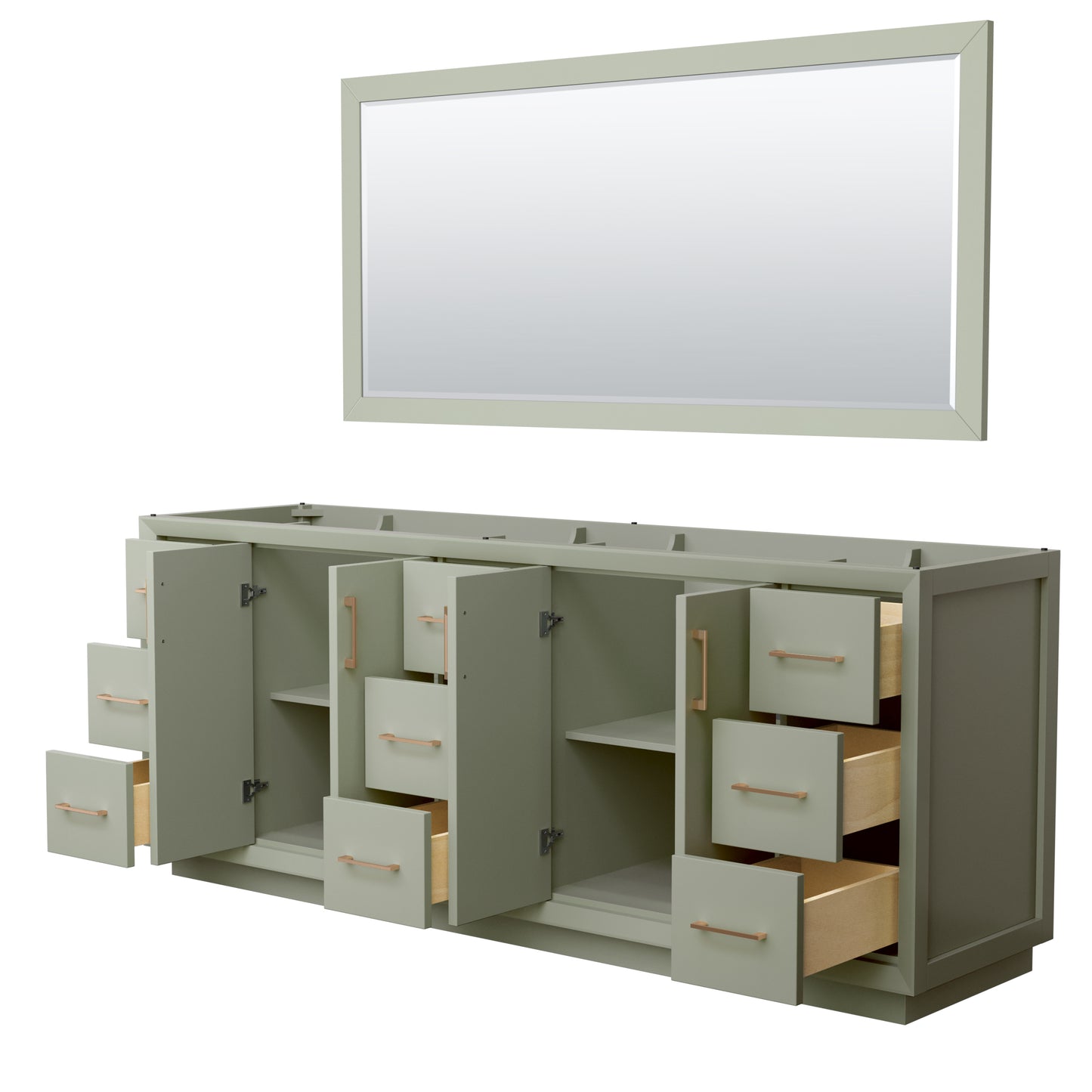 Strada 84 Inch Double Bathroom Vanity in Light Green, No Countertop, No Sink, Satin Bronze Trim, 70 Inch Mirror