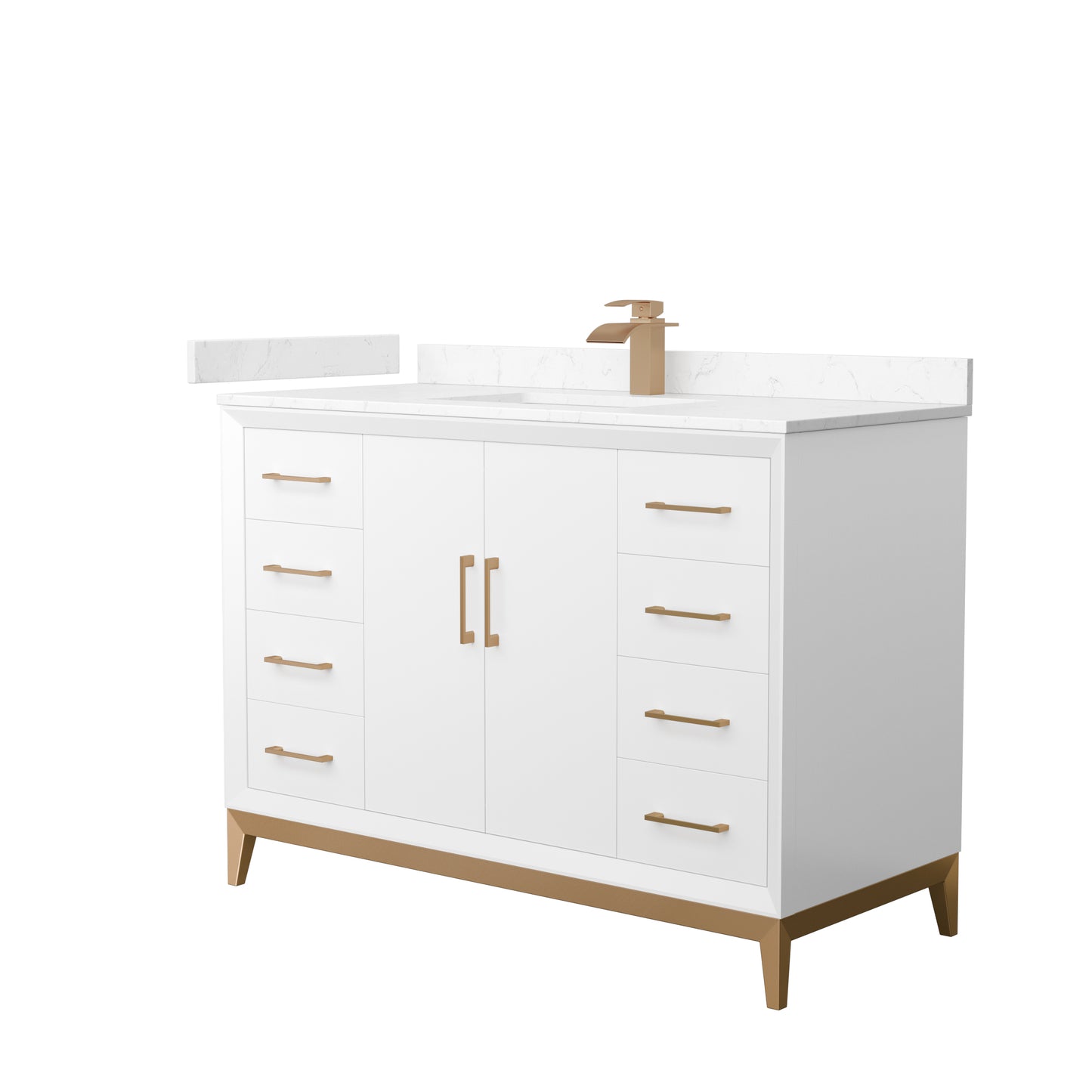 Amici 48 Inch Single Bathroom Vanity in White, Carrara Cultured Marble Countertop, Undermount Square Sink, Satin Bronze Trim