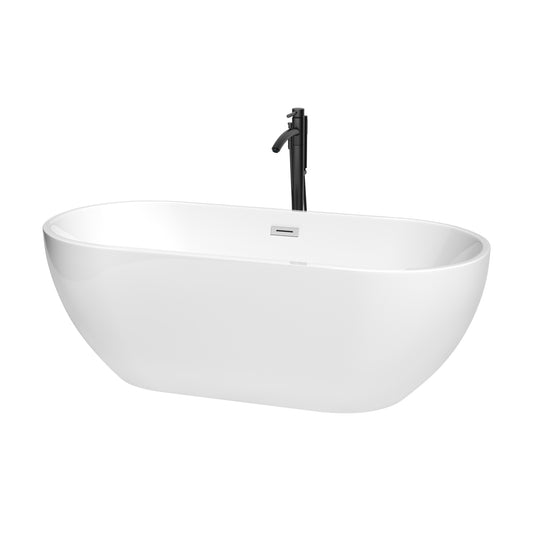 Brooklyn 67 Inch Freestanding Bathtub in White with Polished Chrome Trim and Floor Mounted Faucet in Matte Black