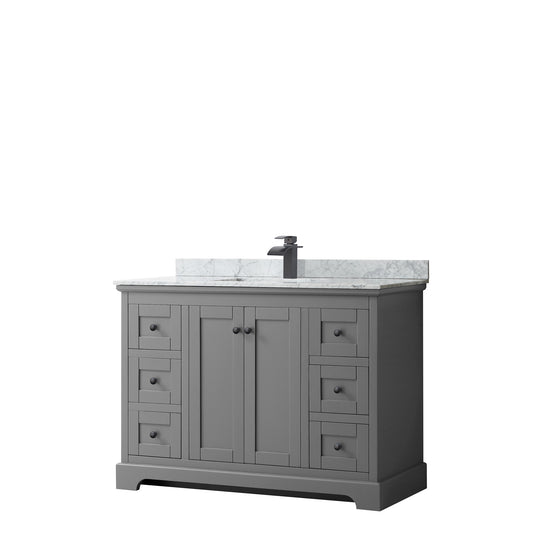 Avery 48 Inch Single Bathroom Vanity in Dark Gray, White Carrara Marble Countertop, Undermount Square Sink, Matte Black Trim