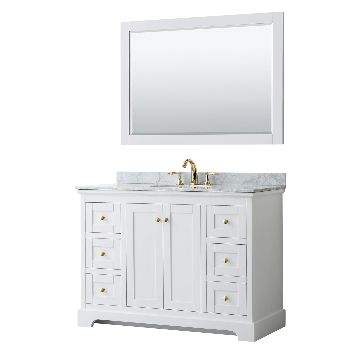 Avery 48 Inch Single Bathroom Vanity in White, White Carrara Marble Countertop, Undermount Oval Sink, 46 Inch Mirror, Brushed Gold Trim