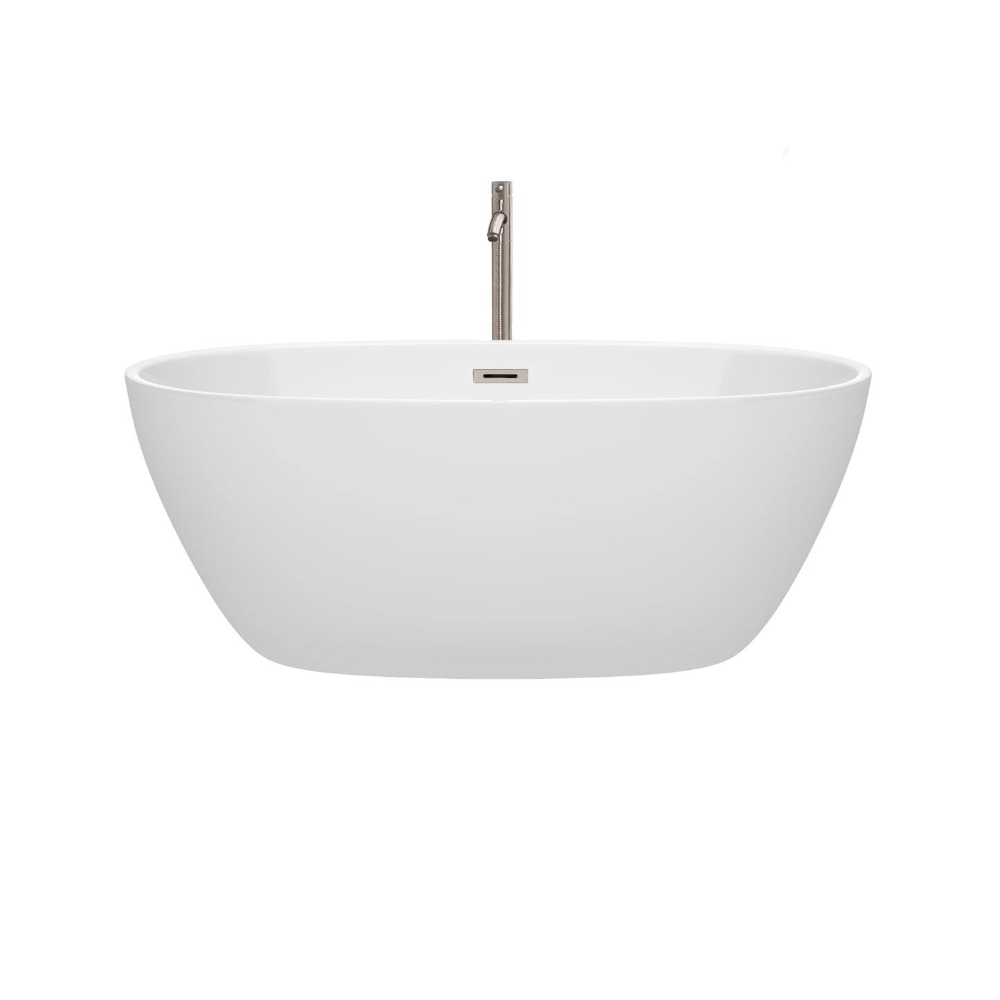 Juno 59 Inch Freestanding Bathtub in White with Floor Mounted Faucet, Drain and Overflow Trim in Brushed Nickel