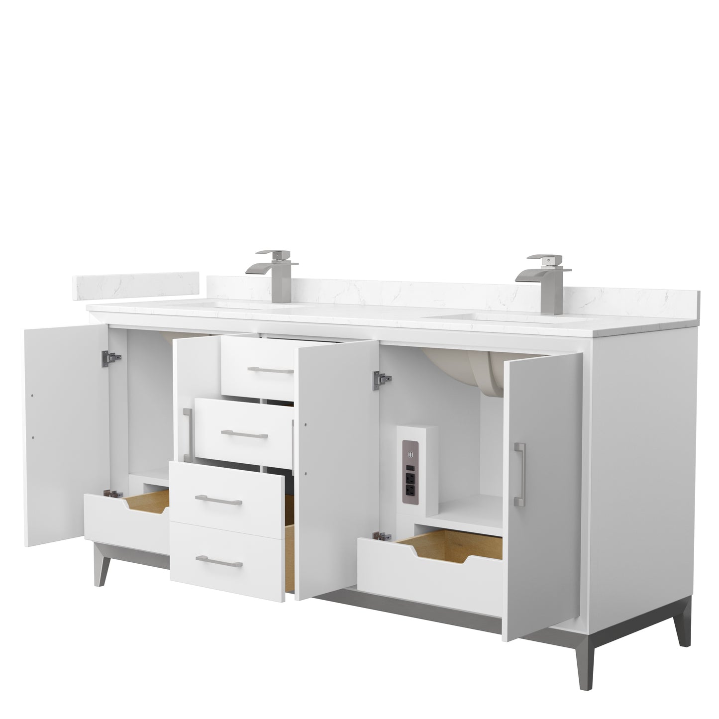 Amici 72 Inch Double Bathroom Vanity in White, Carrara Cultured Marble Countertop, Undermount Square Sinks, Brushed Nickel Trim