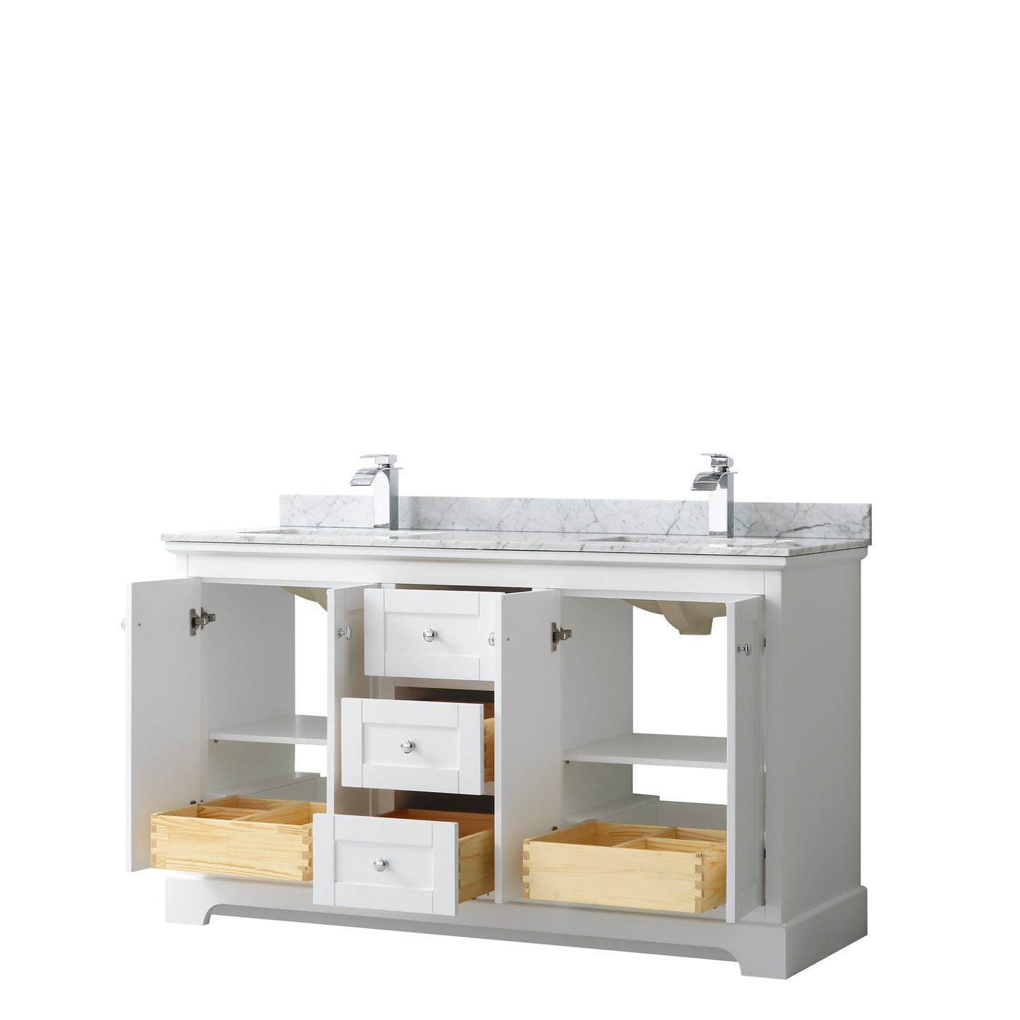 Avery 60 Inch Double Bathroom Vanity in White, White Carrara Marble Countertop, Undermount Square Sinks, and No Mirror