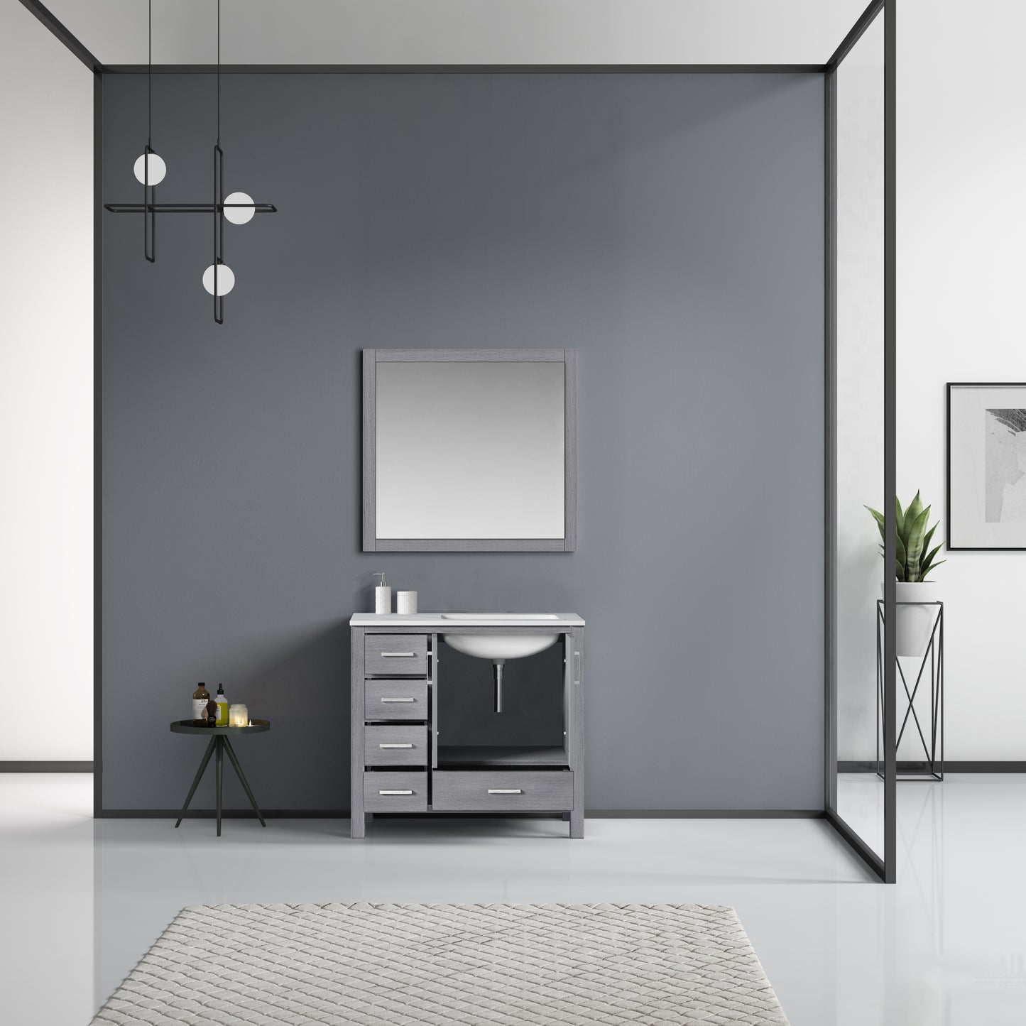 Jacques 36" Distressed Grey Single Vanity, White Carrara Marble Top, White Square Sink and 34" Mirror - Right Version