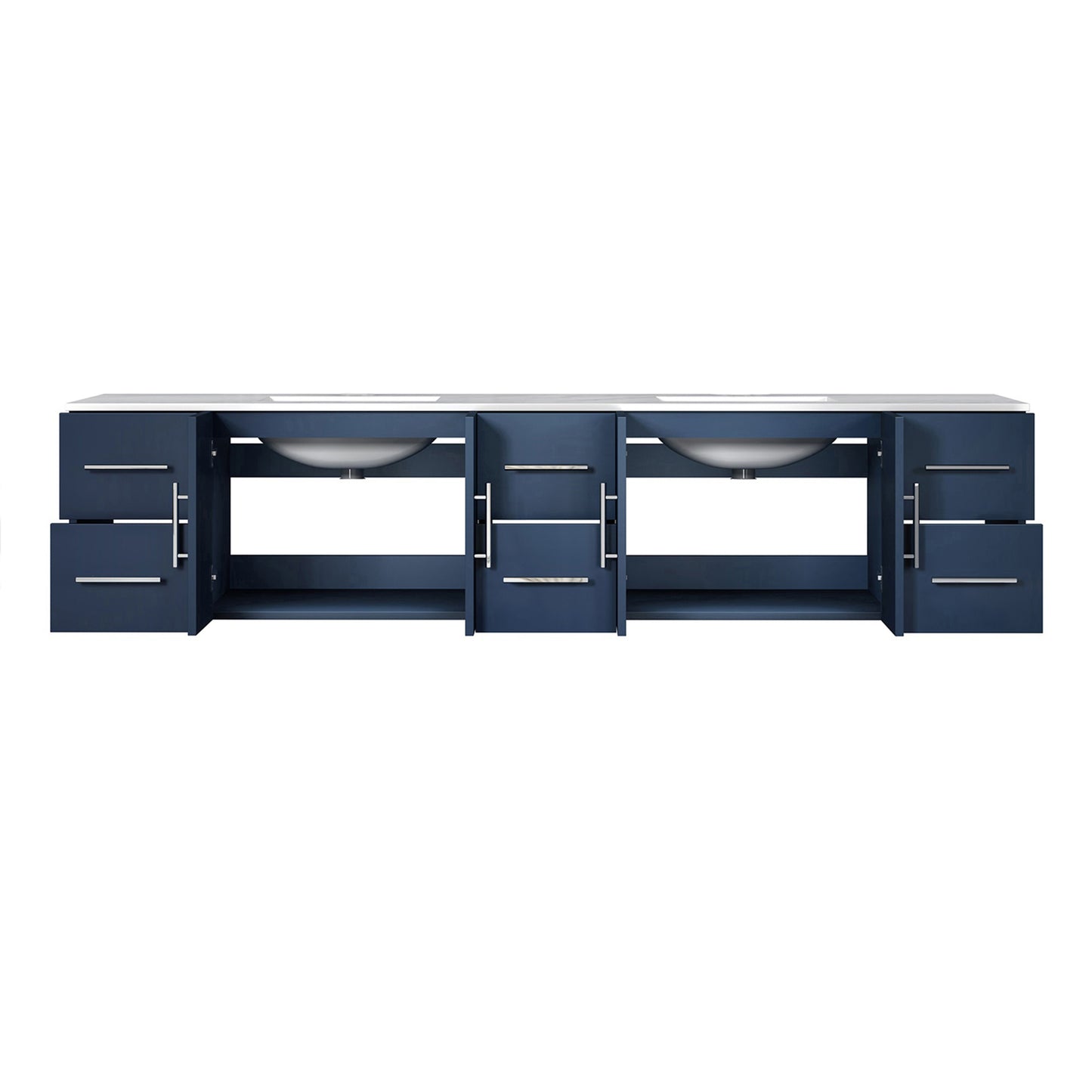 Geneva 84" Navy Blue Double Vanity, White Carrara Marble Top, White Square Sinks and no Mirror