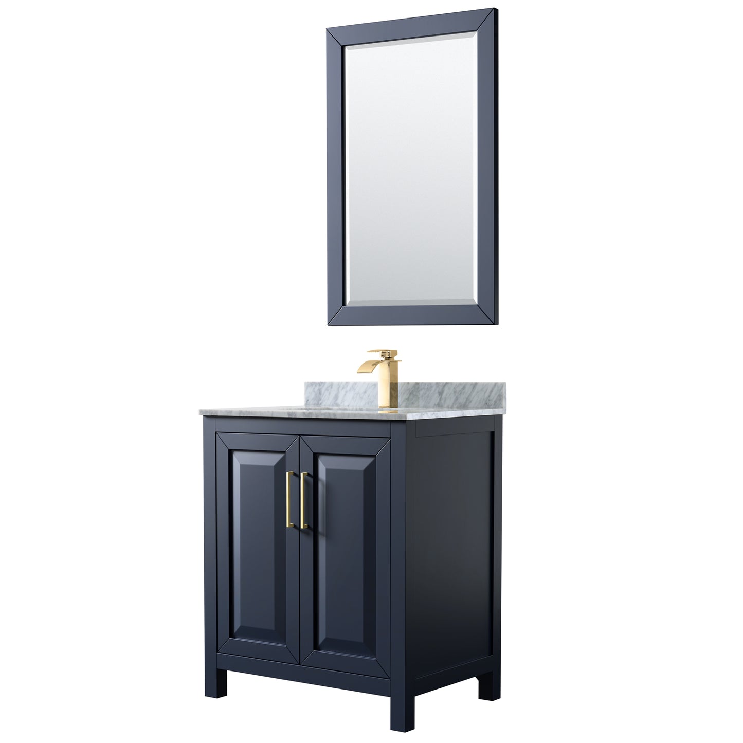 Daria 30 Inch Single Bathroom Vanity in Dark Blue, White Carrara Marble Countertop, Undermount Square Sink, 24 Inch Mirror