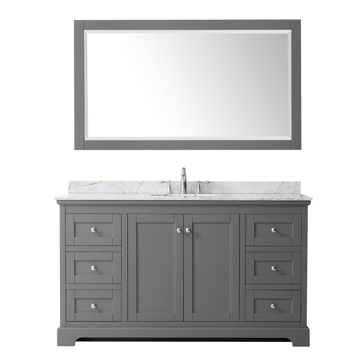 Avery 60 Inch Single Bathroom Vanity in Dark Gray, White Carrara Marble Countertop, Undermount Oval Sink, and 58 Inch Mirror