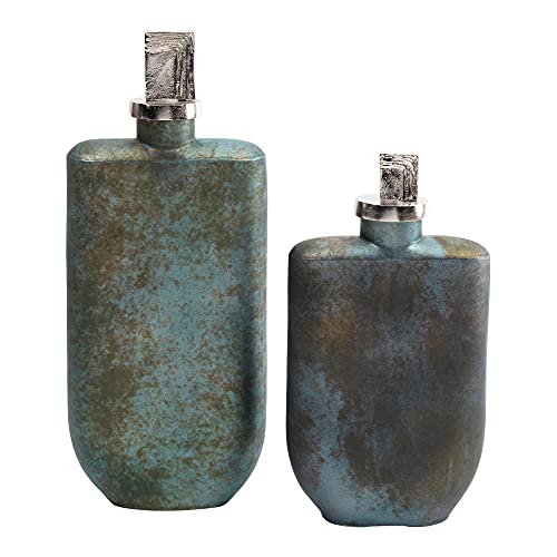 Crestview Collection Finley Gray and Gold Glass Bottles with Stoppers Set of 2