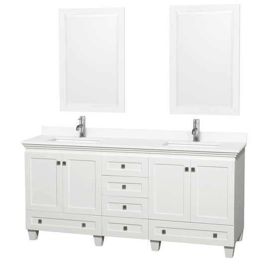 Acclaim 72 Inch Double Bathroom Vanity in White, White Cultured Marble Countertop, Undermount Square Sinks, 24 Inch Mirrors