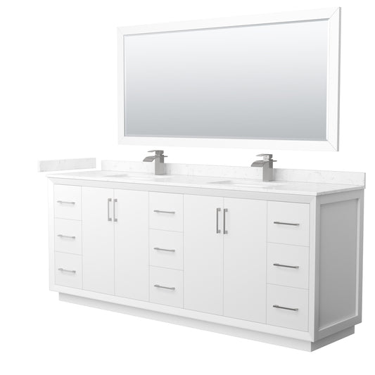 Strada 84 Inch Double Bathroom Vanity in White, Carrara Cultured Marble Countertop, Undermount Square Sink, Brushed Nickel Trim, 70 Inch Mirror