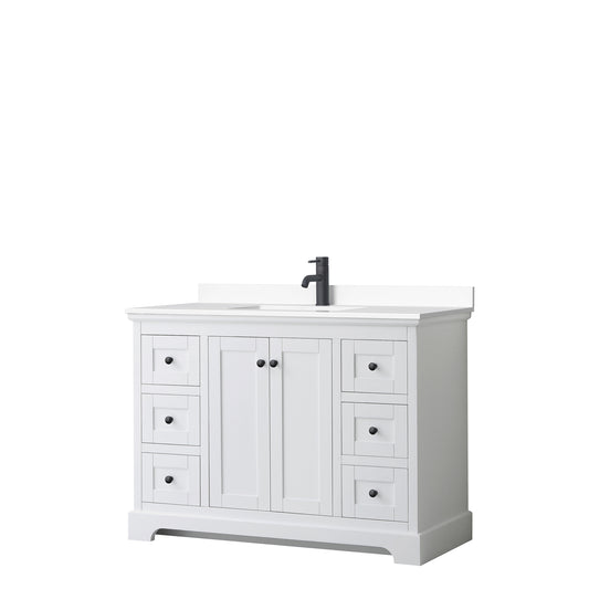 Avery 48 Inch Single Bathroom Vanity in White, White Cultured Marble Countertop, Undermount Square Sink, Matte Black Trim