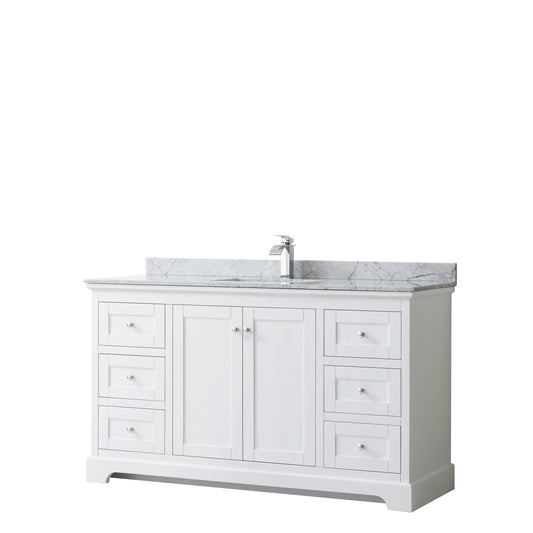 Avery 60 Inch Single Bathroom Vanity in White, White Carrara Marble Countertop, Undermount Square Sink, and No Mirror