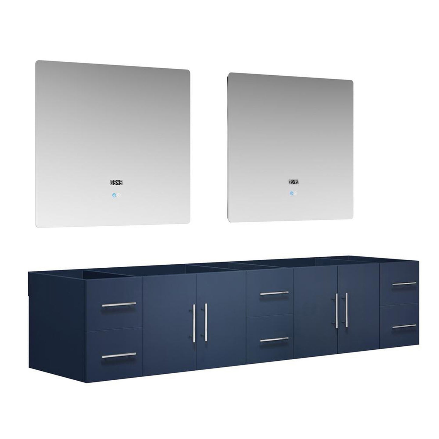 Geneva 84" Navy Blue Double Vanity, no Top and 36" LED Mirrors