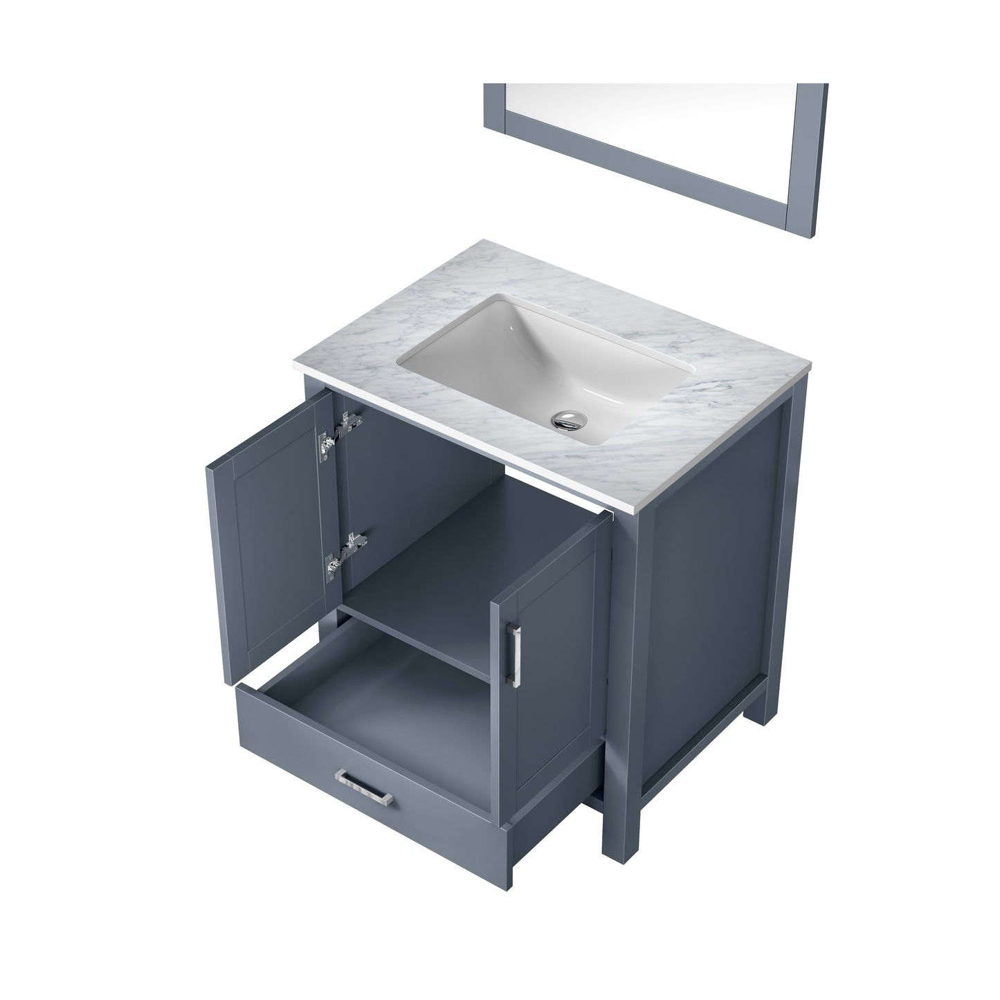 Jacques 30" Dark Grey Single Vanity, White Carrara Marble Top, White Square Sink and 28" Mirror