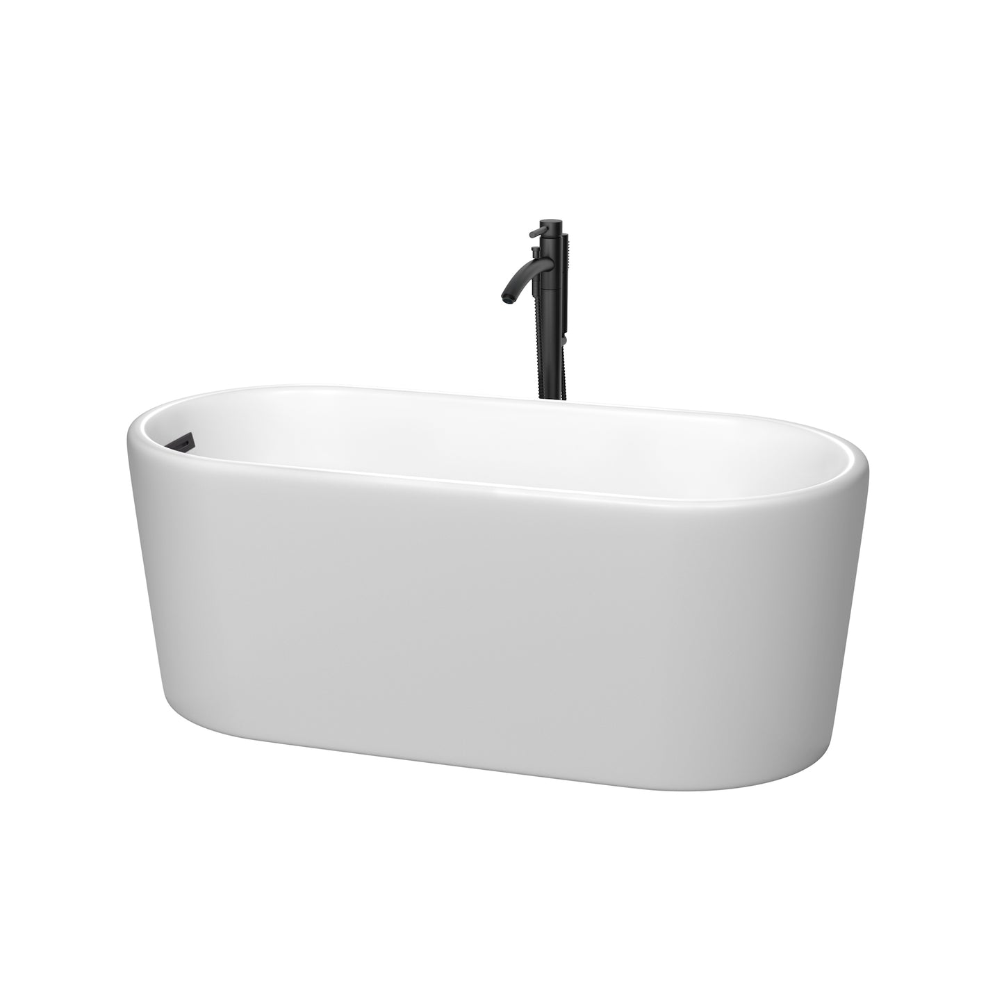 Ursula 59 Inch Freestanding Bathtub in Matte White with Floor Mounted Faucet, Drain and Overflow Trim in Matte Black