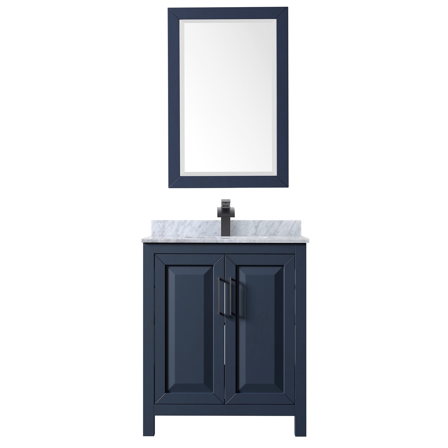 Daria 30 Inch Single Bathroom Vanity in Dark Blue, White Carrara Marble Countertop, Undermount Square Sink, Matte Black Trim, 24 Inch Mirror