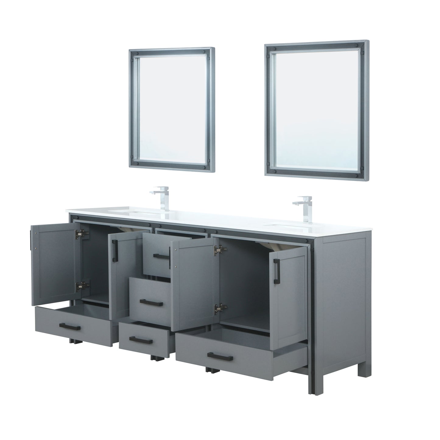 Ziva 80" Dark Grey Double Vanity, Cultured Marble Top, White Square Sink and 30" Mirrors w/ Faucet