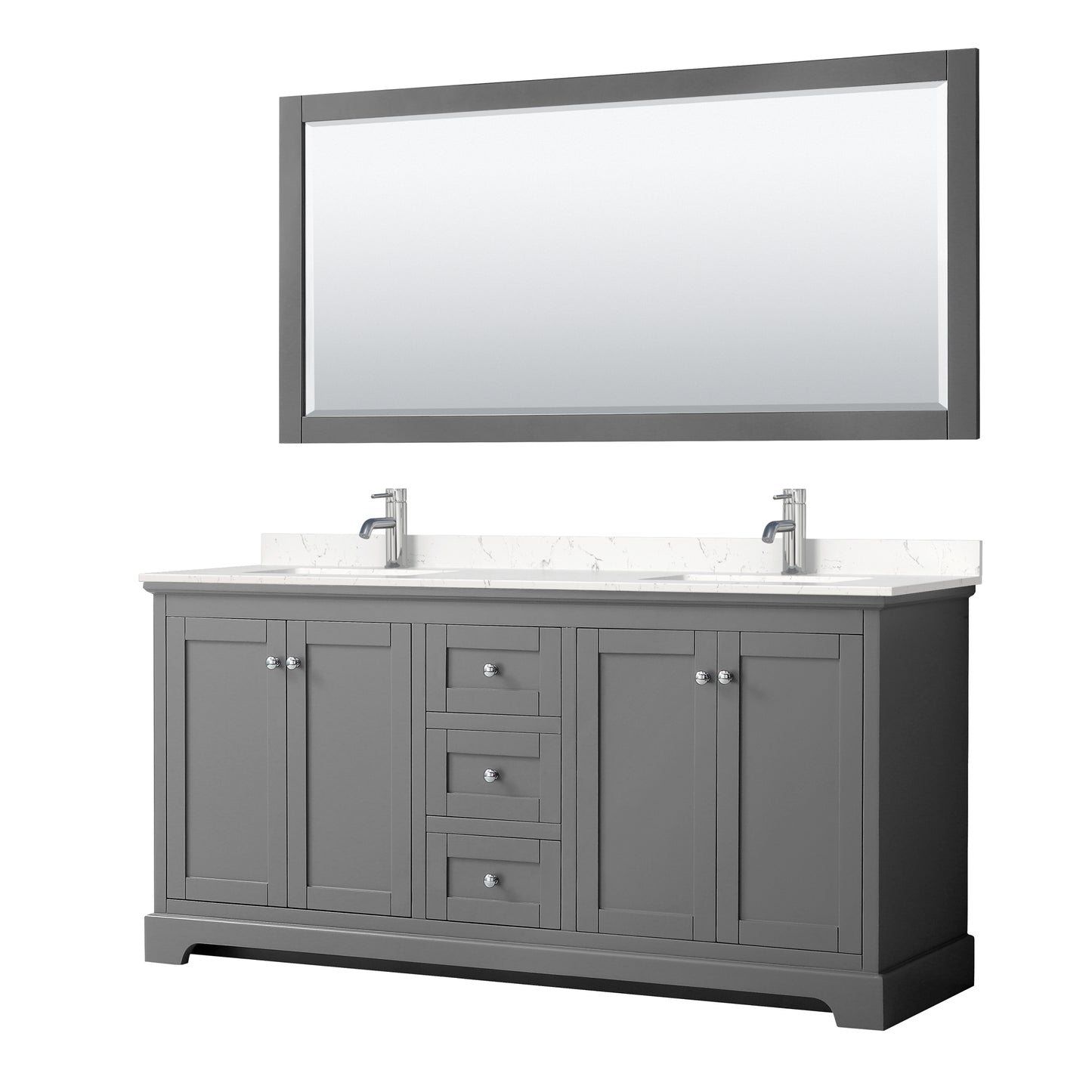 Avery 72 Inch Double Bathroom Vanity in Dark Gray, Carrara Cultured Marble Countertop, Undermount Square Sinks, 70 Inch Mirror