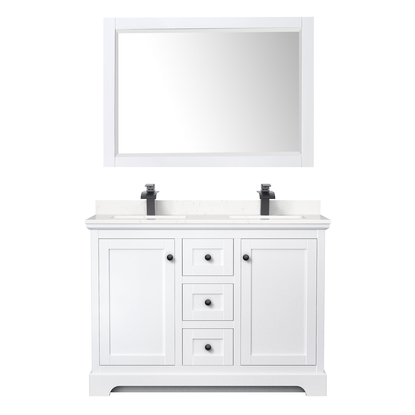 Avery 48 Inch Double Bathroom Vanity in White, Carrara Cultured Marble Countertop, Undermount Square Sinks, Matte Black Trim, 46 Inch Mirror