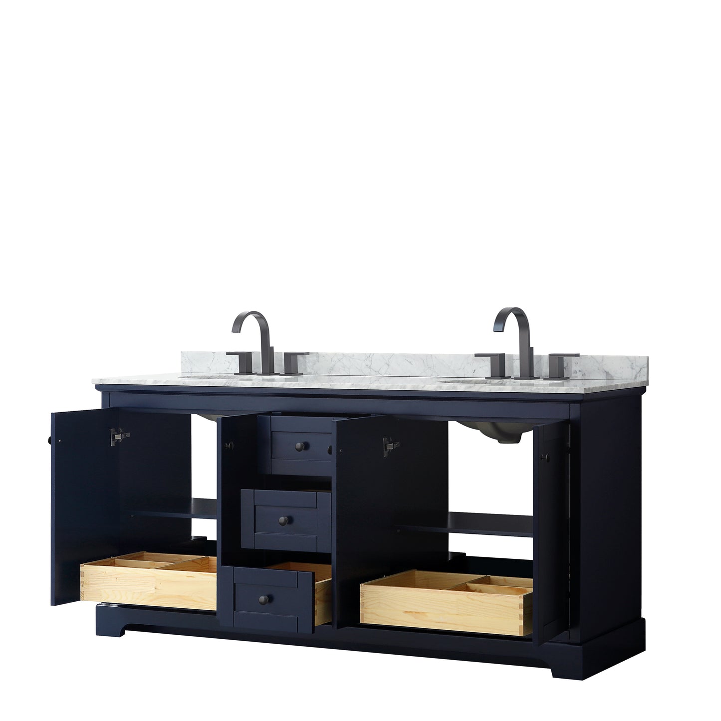 Avery 72 Inch Double Bathroom Vanity in Dark Blue, White Carrara Marble Countertop, Undermount Oval Sinks, Matte Black Trim