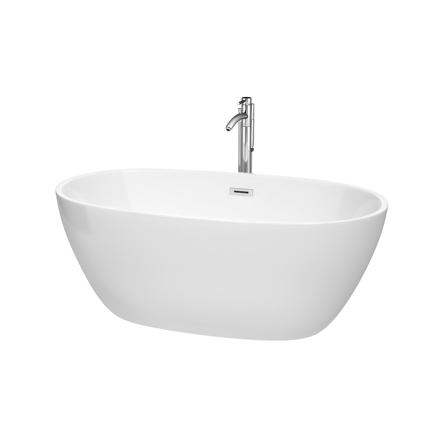 Juno 59 Inch Freestanding Bathtub in White with Floor Mounted Faucet, Drain and Overflow Trim in Polished Chrome