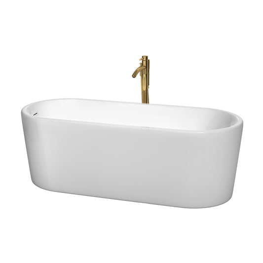 Ursula 67 Inch Freestanding Bathtub in White with Shiny White Trim and Floor Mounted Faucet in Brushed Gold