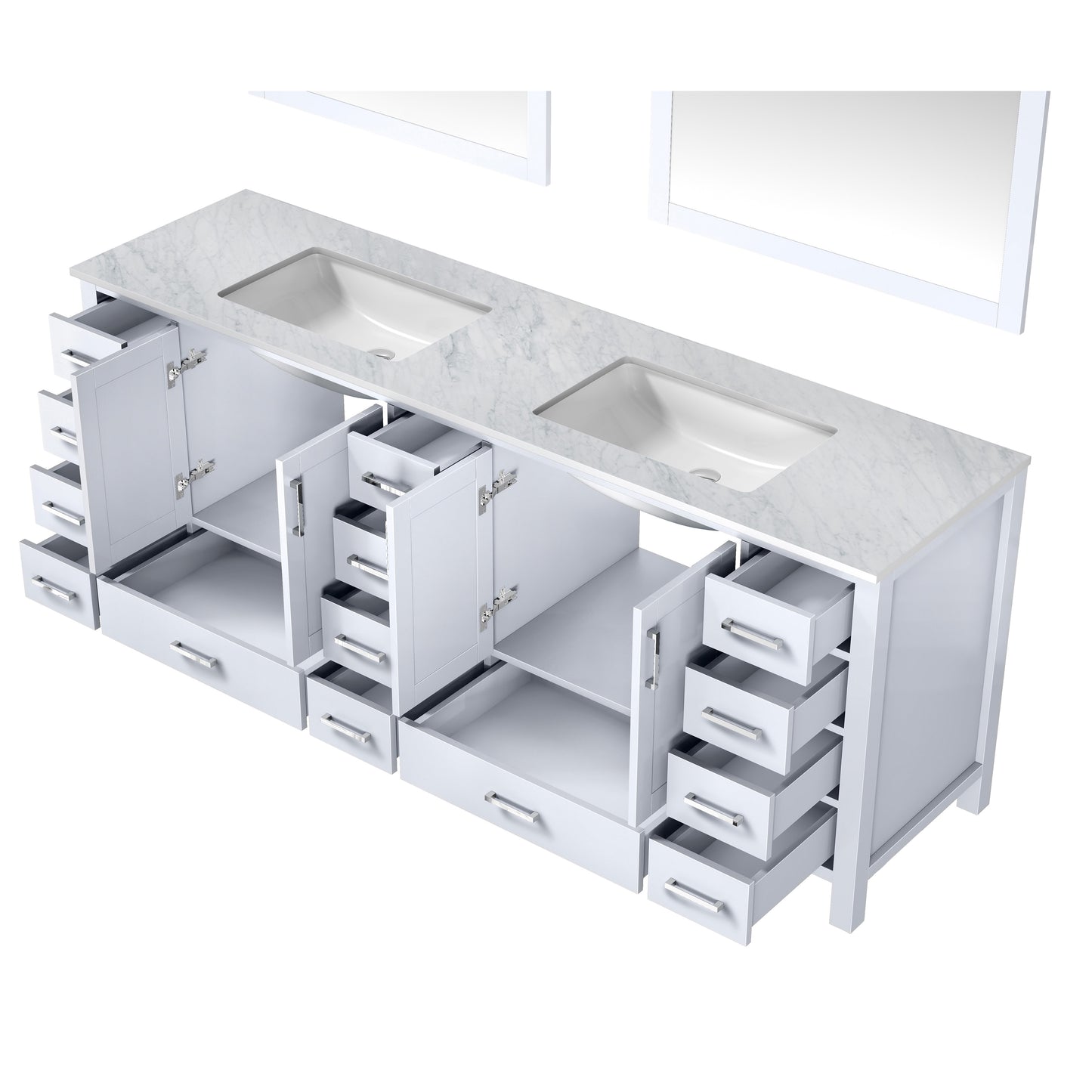 Jacques 84" White Double Vanity, White Carrara Marble Top, White Square Sinks and 34" Mirrors