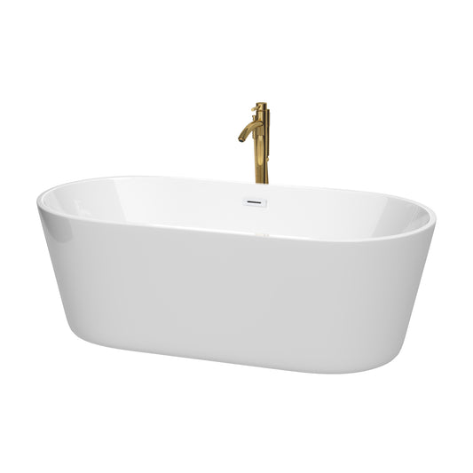 Carissa 67 Inch Freestanding Bathtub in White with Shiny White Trim and Floor Mounted Faucet in Brushed Gold