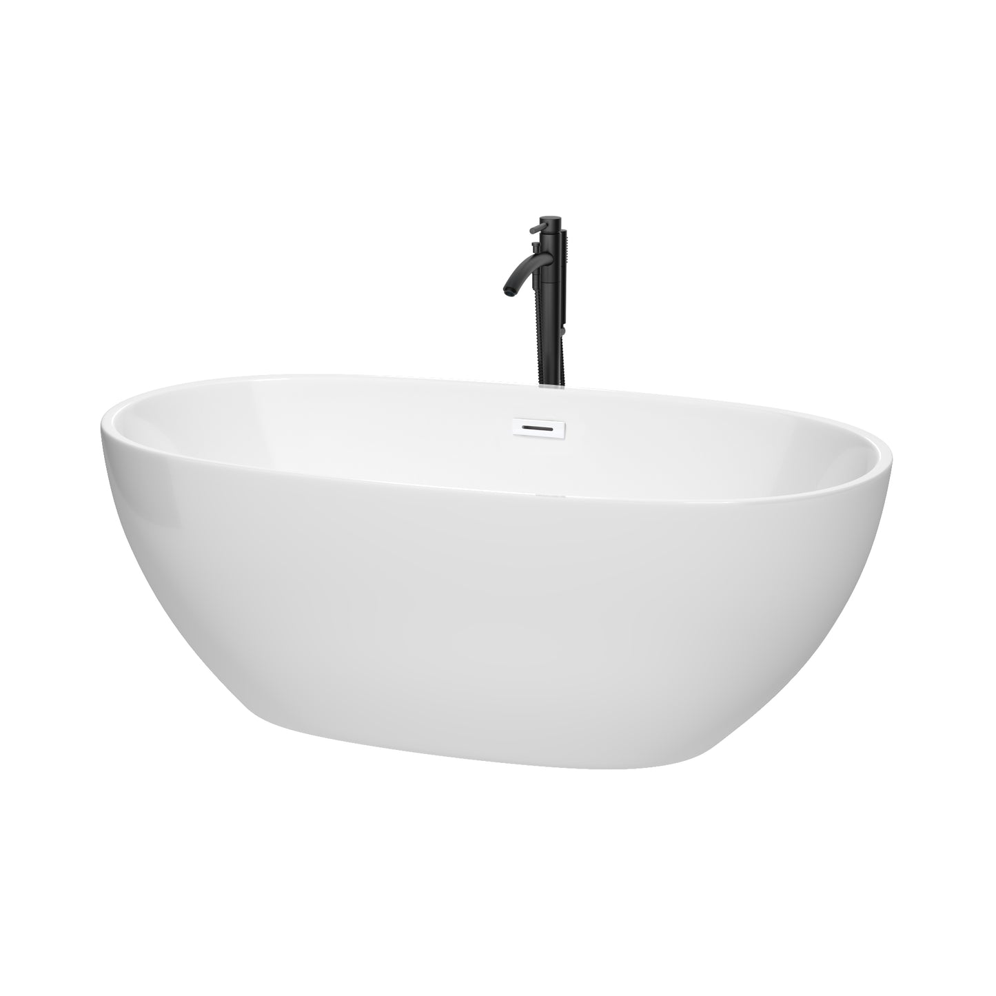 Juno 63 Inch Freestanding Bathtub in White with Shiny White Trim and Floor Mounted Faucet in Matte Black