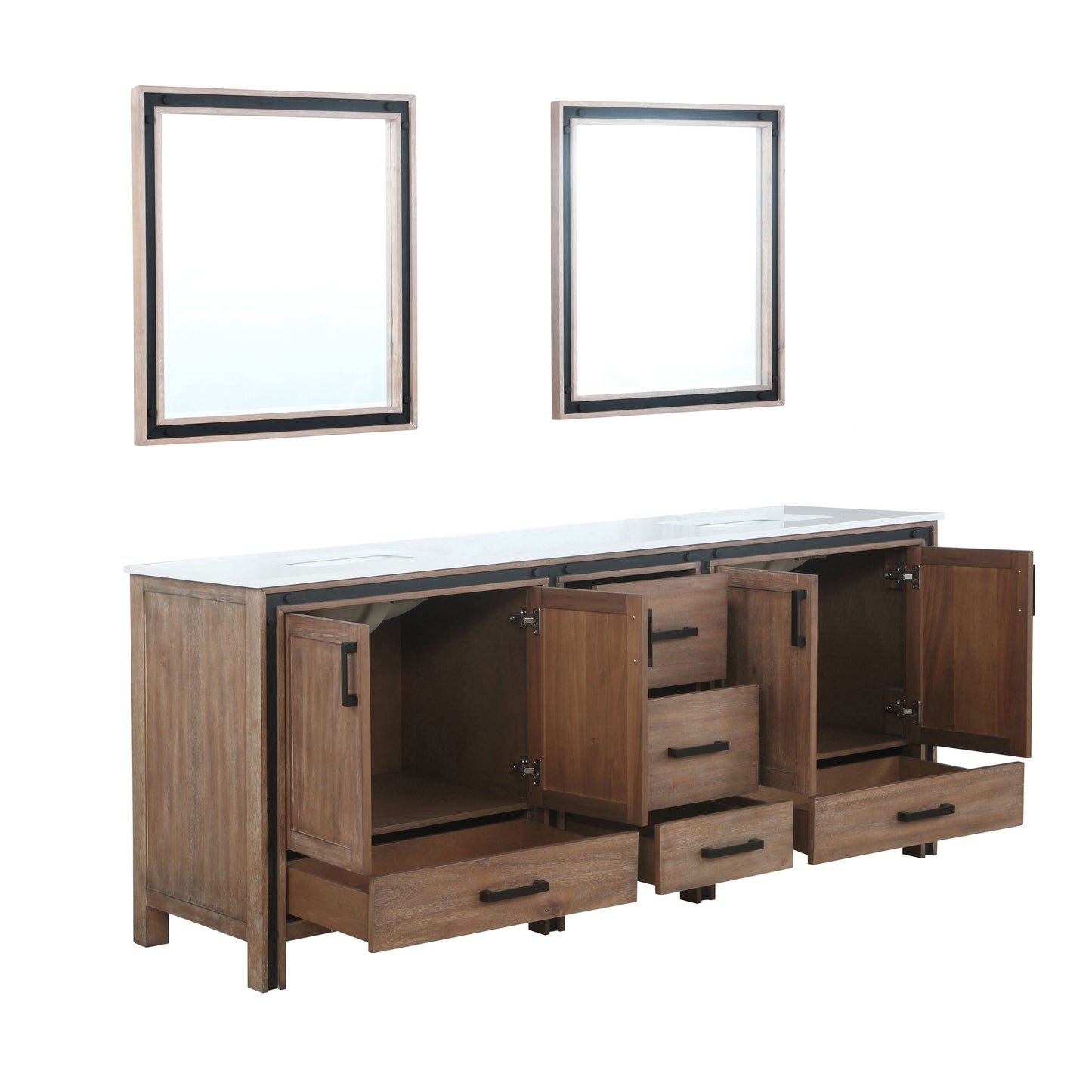 Ziva 80" Rustic Barnwood Double Vanity, Cultured Marble Top, White Square Sink and 30" Mirrors