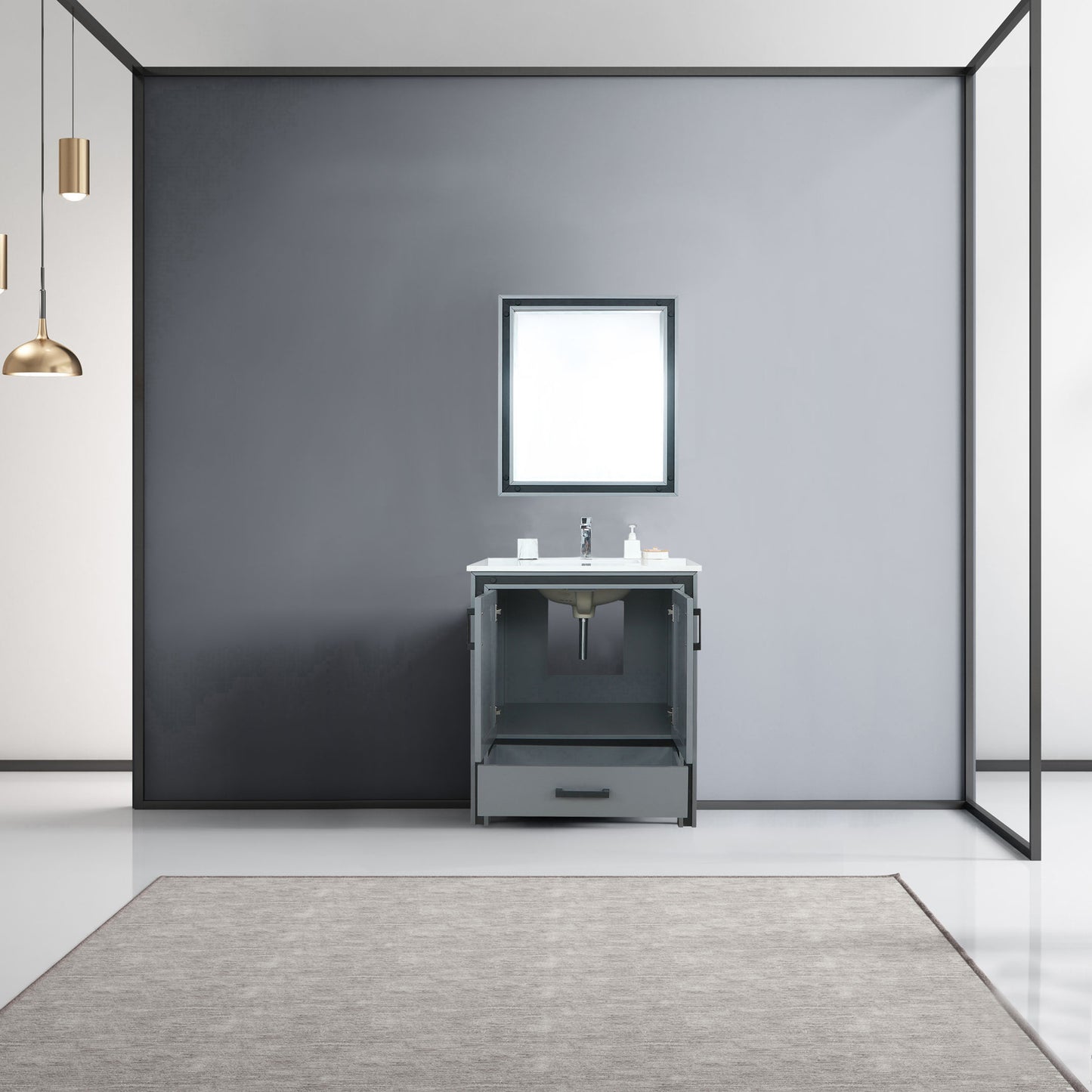 Ziva 30" Dark Grey Single Vanity, Cultured Marble Top, White Square Sink and 28" Mirror w/ Faucet