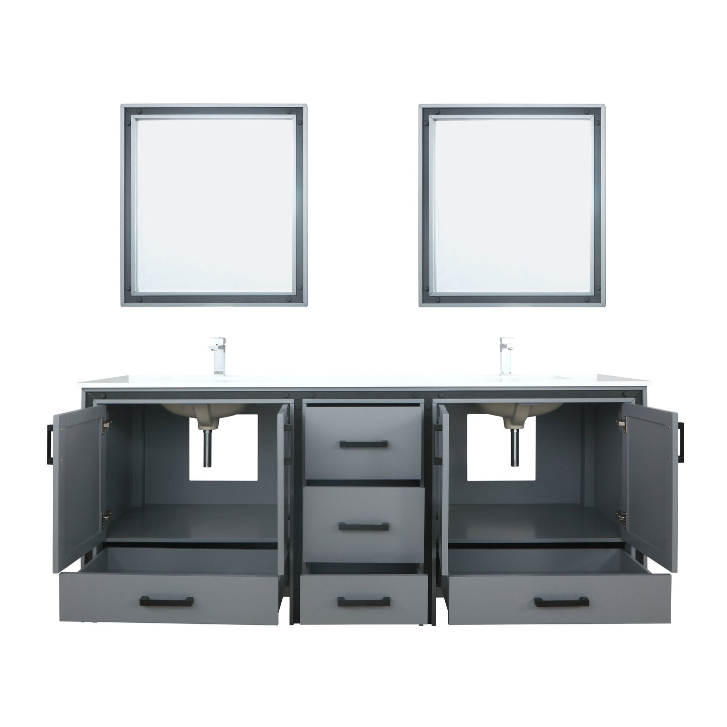 Ziva 80" Dark Grey Double Vanity, Cultured Marble Top, White Square Sink and 30" Mirrors w/ Faucet