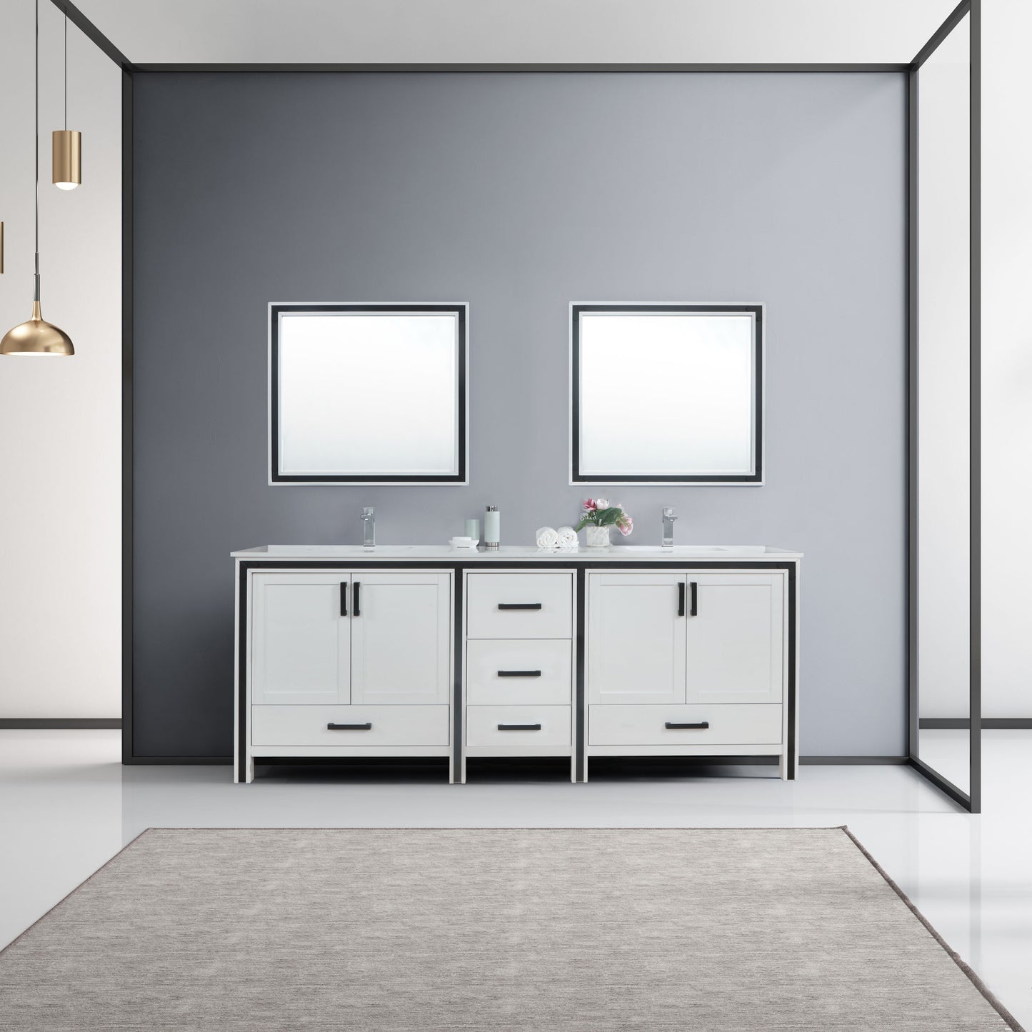 Ziva 84" White Double Vanity, Cultured Marble Top, White Square Sink and 34" Mirrors w/ Faucet