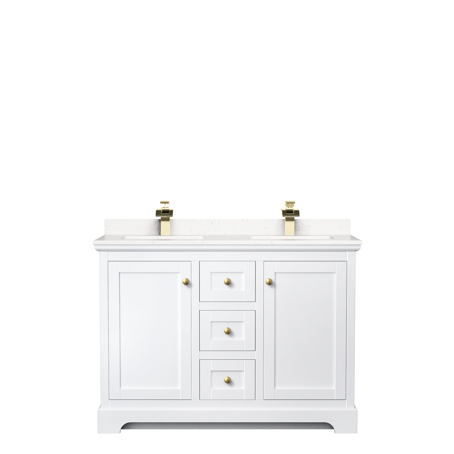 Avery 48 Inch Double Bathroom Vanity in White, Carrara Cultured Marble Countertop, Undermount Square Sinks, Brushed Gold Trim