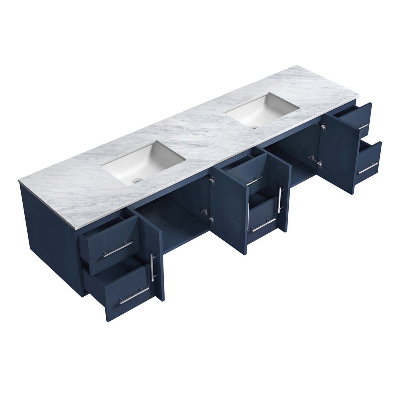 Geneva 84" Navy Blue Double Vanity, White Carrara Marble Top, White Square Sinks and 36" LED Mirrors