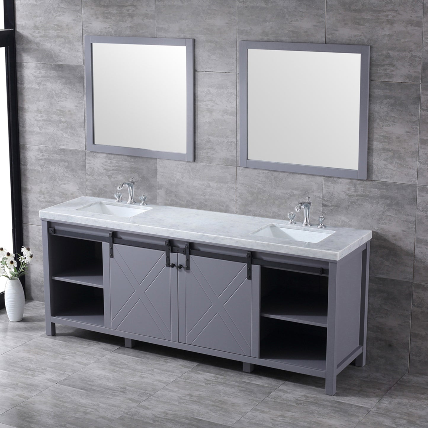 Marsyas 84" Dark Grey Double Vanity, White Carrara Marble Top, White Square Sinks and 34" Mirrors w/ Faucets