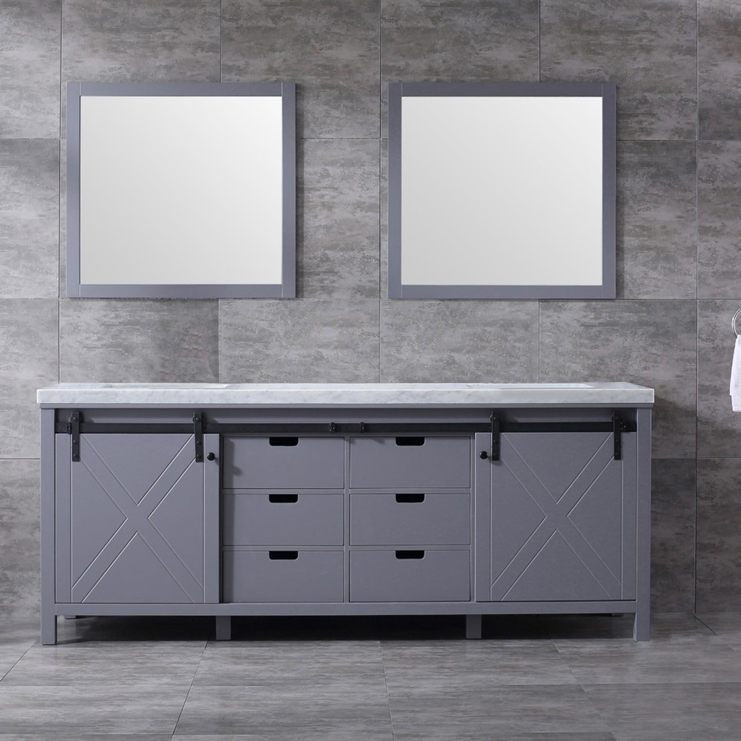 Marsyas 84" Dark Grey Double Vanity, White Carrara Marble Top, White Square Sinks and 34" Mirrors