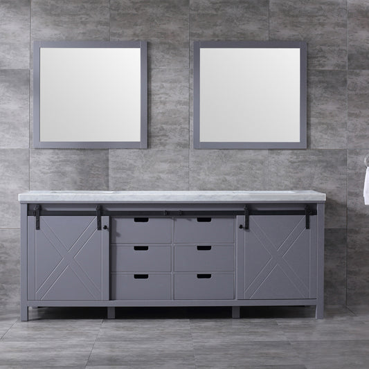 Marsyas 84" Dark Grey Double Vanity, White Carrara Marble Top, White Square Sinks and 34" Mirrors