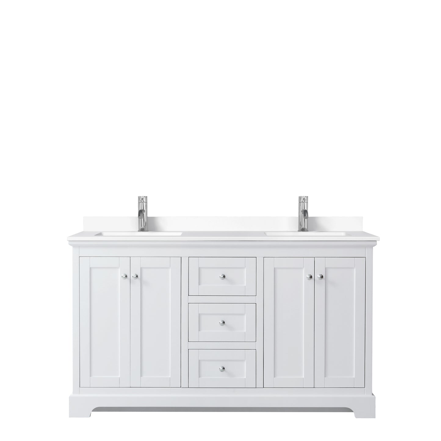 Avery 60 Inch Double Bathroom Vanity in White, White Cultured Marble Countertop, Undermount Square Sinks, No Mirror