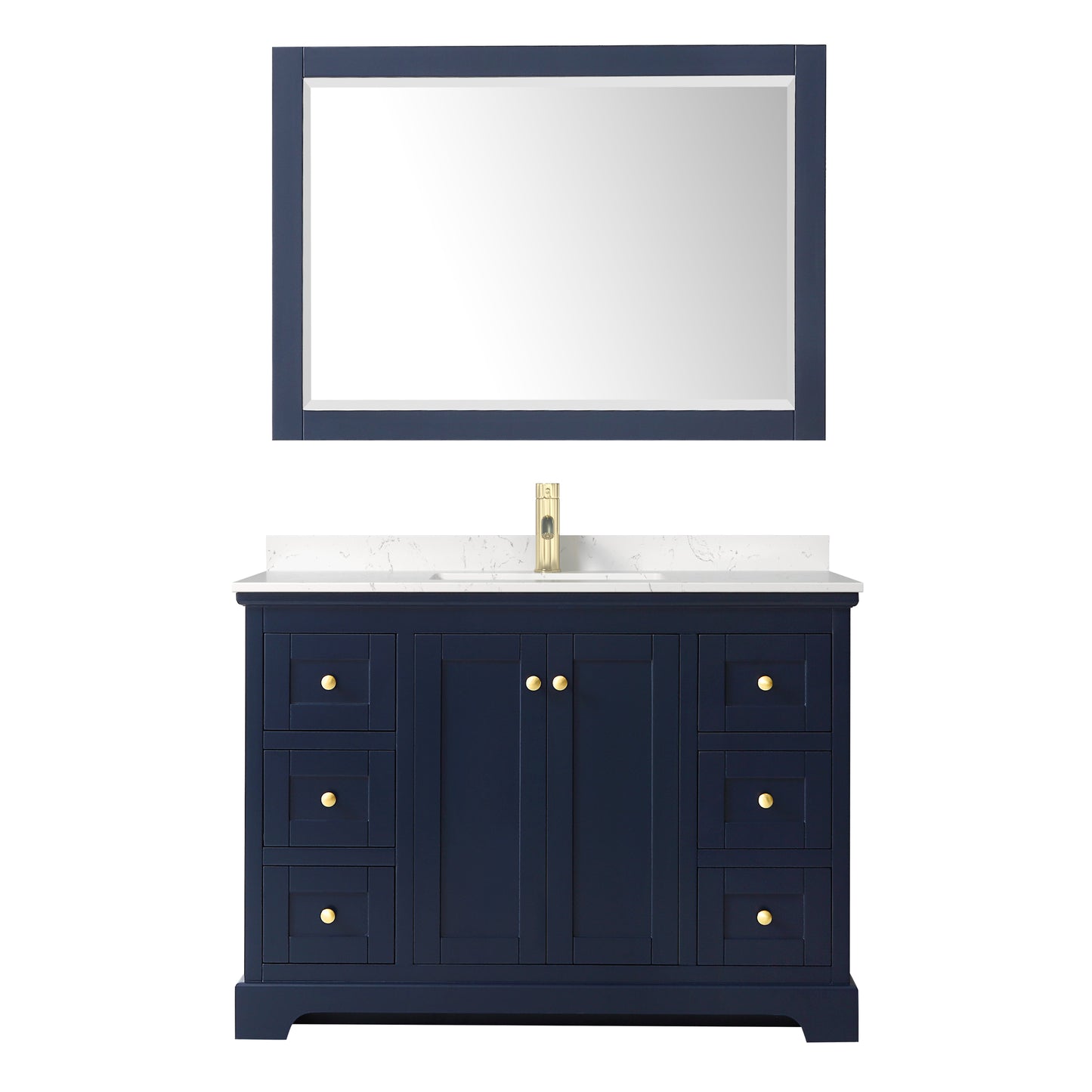 Avery 48 Inch Single Bathroom Vanity in Dark Blue, Carrara Cultured Marble Countertop, Undermount Square Sink, 46 Inch Mirror
