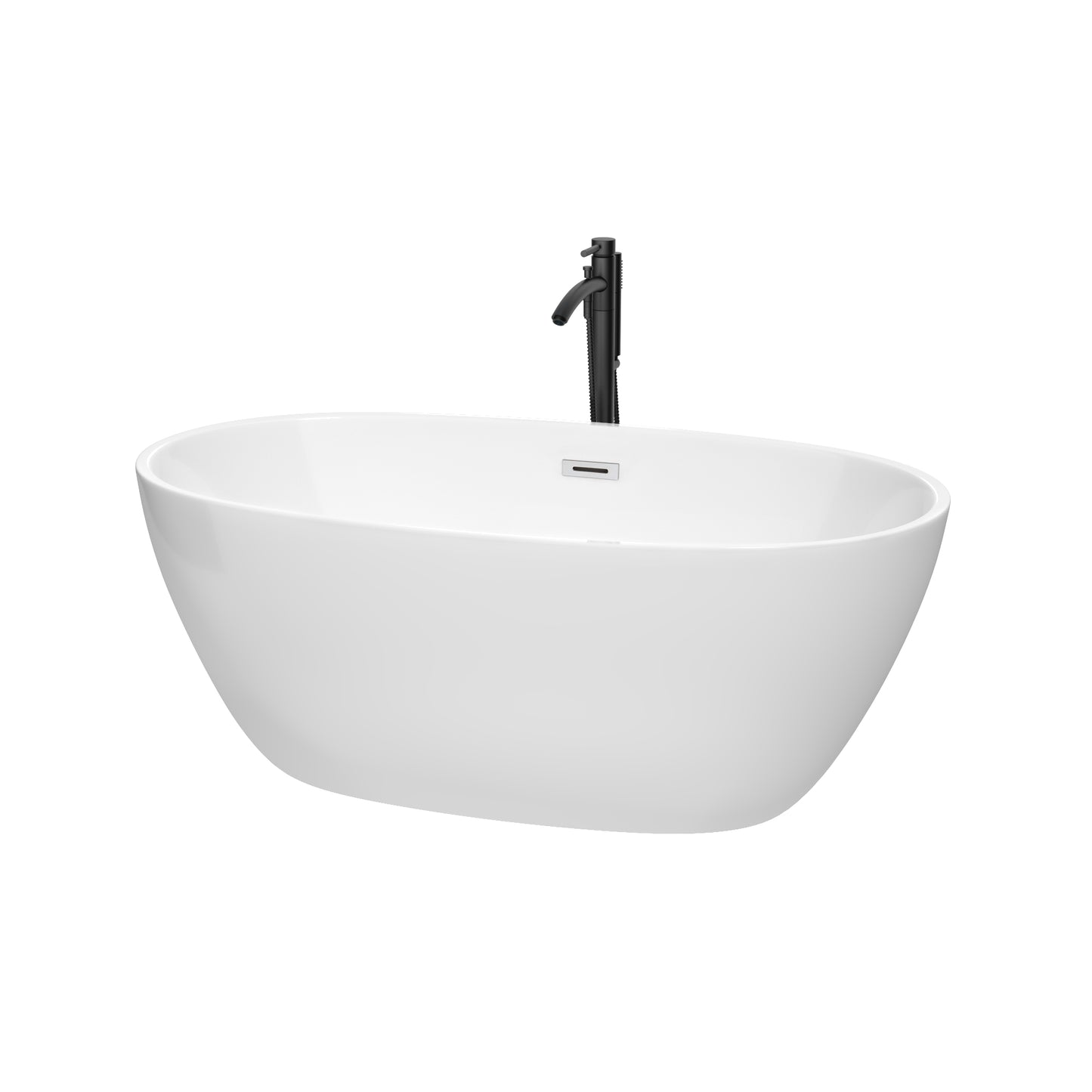 Juno 59 Inch Freestanding Bathtub in White with Polished Chrome Trim and Floor Mounted Faucet in Matte Black